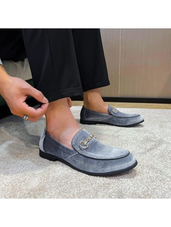 LCQL Men\'s Silver Grey Leather Velvet Loafer Gold Buckle Slip On Luxury Shoes main image 6